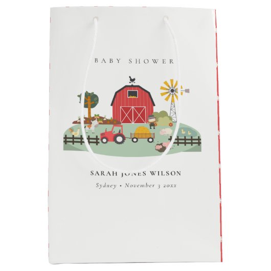 可愛エレガントい赤納屋周囲の庭農場動物の赤ちゃんシャワー ミディアムペーパーバッグ (正面)
