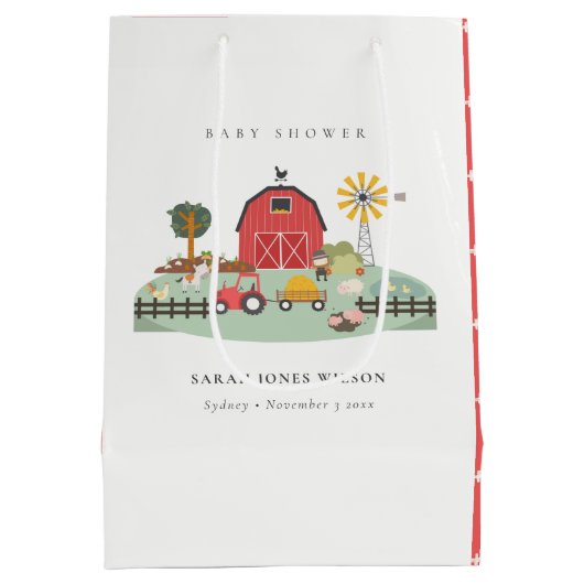 可愛エレガントい赤納屋周囲の庭農場動物の赤ちゃんシャワー ミディアムペーパーバッグ (裏面)