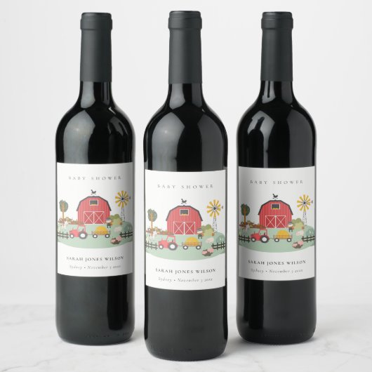 可愛エレガントい赤納屋周囲の庭農場動物の赤ちゃんシャワー ワインラベル (ボトル)