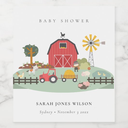 可愛エレガントい赤納屋周囲の庭農場動物の赤ちゃんシャワー ワインラベル (シングルラベル)