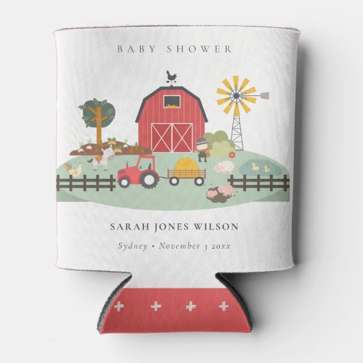 可愛エレガントい赤納屋周囲の庭農場動物の赤ちゃんシャワー 缶クーラー (正面)