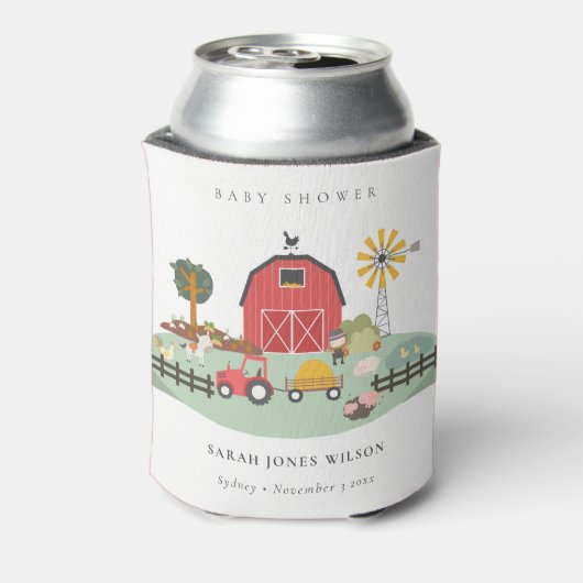 可愛エレガントい赤納屋周囲の庭農場動物の赤ちゃんシャワー 缶クーラー (缶裏面)
