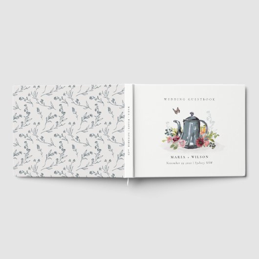 可愛エレガントい陽気なバラフローラティーポット結婚 ゲストブック (全面)