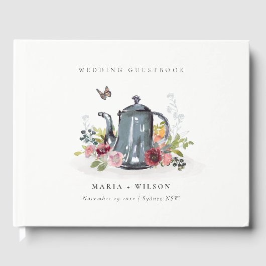 可愛エレガントい陽気なバラフローラティーポット結婚 ゲストブック (正面)