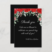 可愛エレガントい黒と赤のフローラ結婚 サンキューカード (正面/裏面)