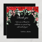 可愛エレガントい黒と赤のフローラ結婚 サンキューカード (正面/裏面)
