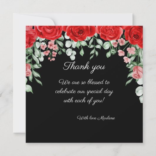 可愛エレガントい黒と赤のフローラ結婚 サンキューカード (正面)