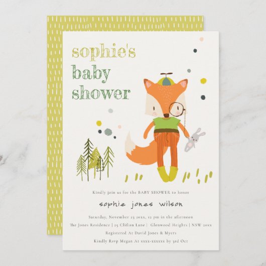 可愛エレガント素朴いウッドランドおもしろいキツネベビーシャワー 招待状 (正面/裏面)