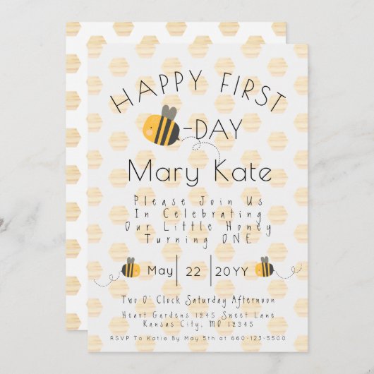 可愛カスタマイズいハニービーファースト誕生日 招待状 (正面/裏面)