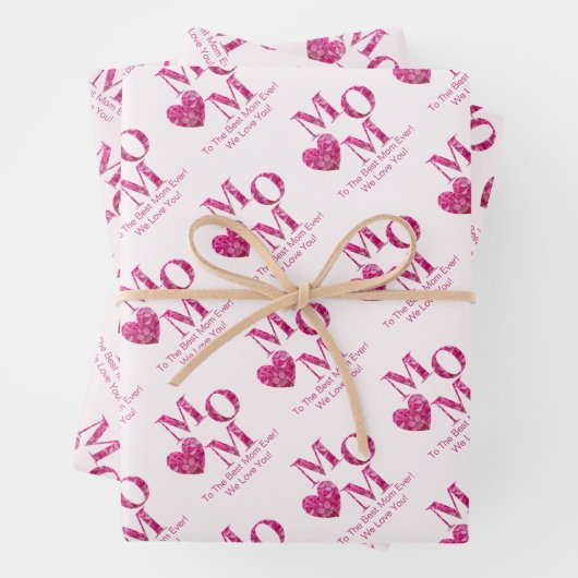可愛カスタマイズいピンクフローラMOMとハートパターン ラッピングペーパーシート (インサイチュ)