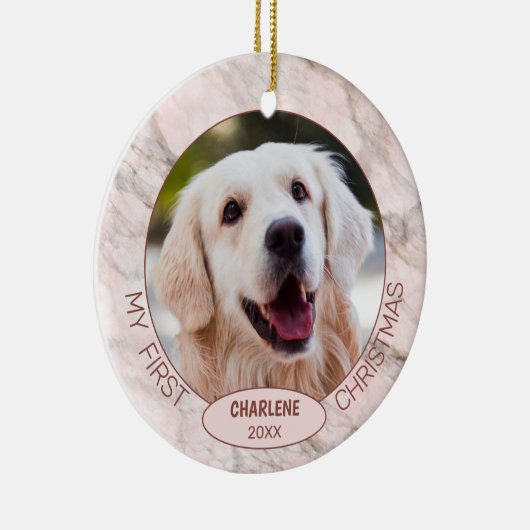 可愛カスタムいペットの写真ピンクの大理石のクリスマス1st セラミックオーナメント (右)