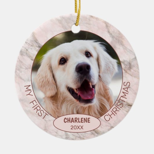 可愛カスタムいペットの写真ピンクの大理石のクリスマス1st セラミックオーナメント (正面)