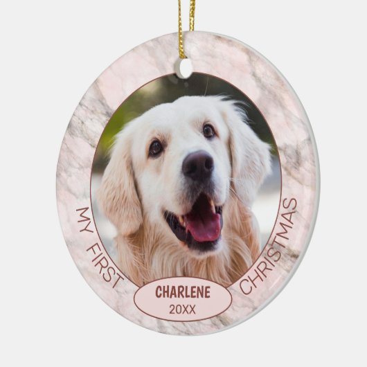 可愛カスタムいペットの写真ピンクの大理石のクリスマス1st セラミックオーナメント (左)