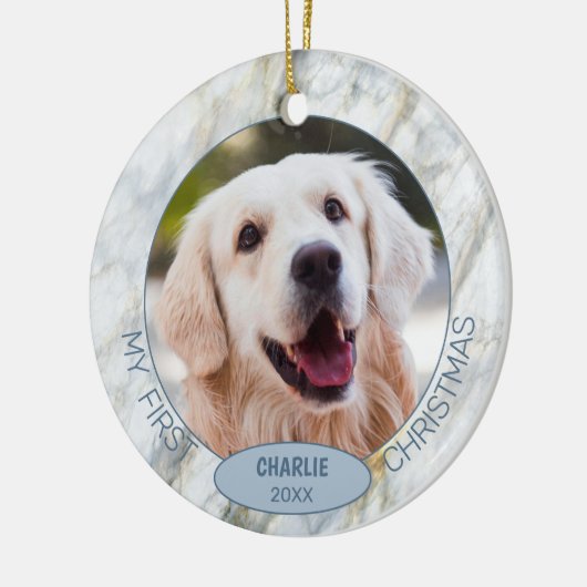 可愛カスタムいペットの写真1stクリスマスオンブルーマーブル セラミックオーナメント (左)