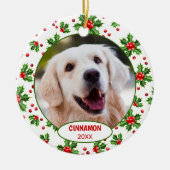 可愛カスタムいペット写真1stクリスマスオンホリーベリー セラミックオーナメント (正面)