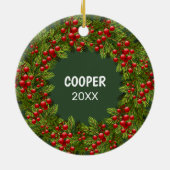 可愛カスタムいペット写真1stクリスマスオンホリーベリー セラミックオーナメント (裏面)