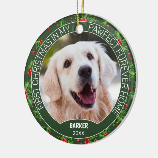 可愛カスタムいペット写真1stクリスマスオンホリーベリー セラミックオーナメント (左)