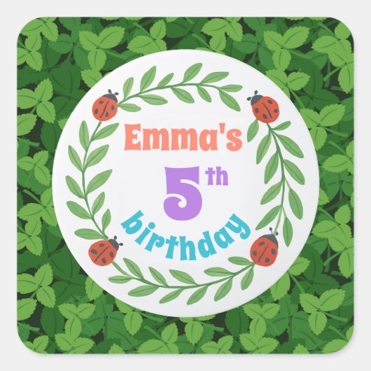 可愛カスタムいラディバグ&リーフ5誕生日 スクエアシール (正面)