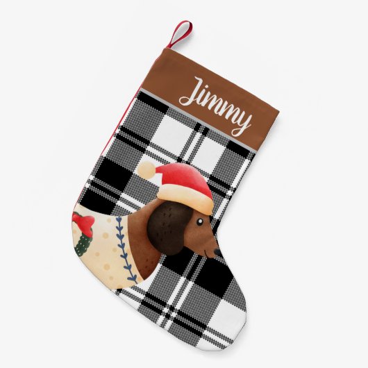可愛カスタムい素朴な茶色のスコットランド犬クリスマスプレイド スモールクリスマスストッキング (正面 (吊り時))