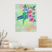 可愛カッコいいい鮮やか水色ハミングバードフローラ ポスター (キッチン)