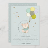 可愛カラフルいアクアブルー熊バルーン赤ちゃんシャワー サンキューカード (正面/裏面)