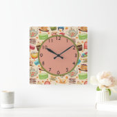 可愛カラフルいカップケーキとティーポットの壁時計 スクエア壁時計 (ホーム)