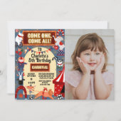 可愛カラフルいカーニバルサーカス写真誕生日パーティー 招待状 (正面)