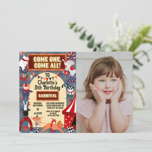 可愛カラフルいカーニバルサーカス写真誕生日パーティー 招待状 (スタンド正面)