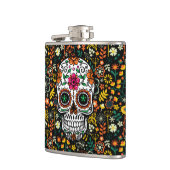 可愛カラフルいシュガースカルとレトロの花 フラスク (左)