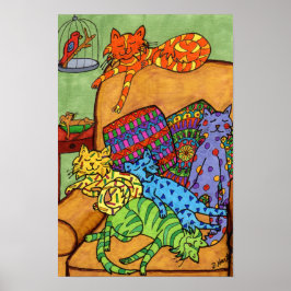 可愛カラフルいスケッチ猫椅子おむつ寝る ポスター