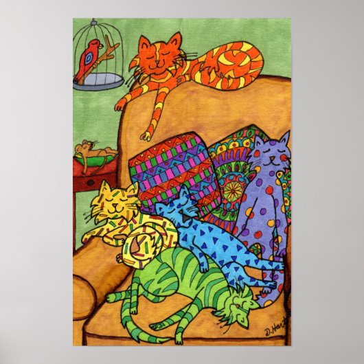 可愛カラフルいスケッチ猫椅子おむつ寝る ポスター (正面)