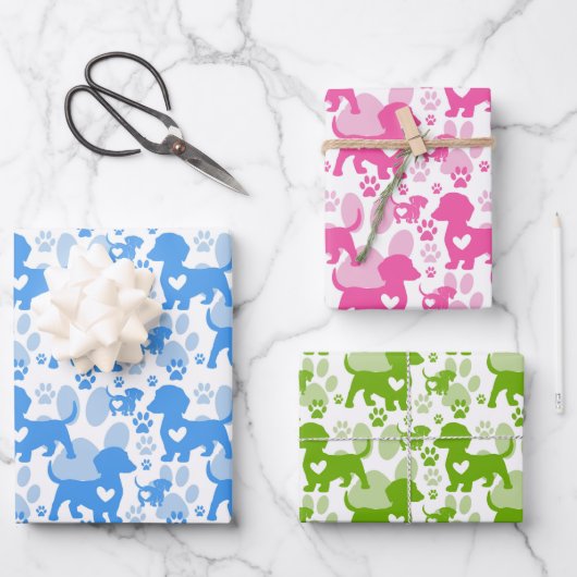 可愛カラフルいダックスラッピング紙セット3 ラッピングペーパーシート (正面)