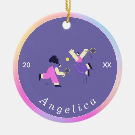 可愛カラフルいテニスのシルエット選手の名前 セラミックオーナメント (正面)
