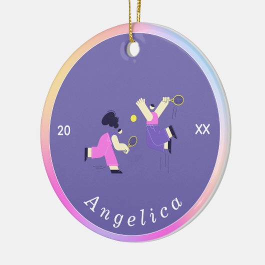 可愛カラフルいテニスのシルエット選手の名前 セラミックオーナメント (左)