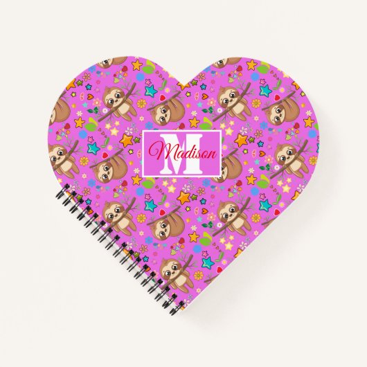 可愛カラフルいナマケモノ |名前の追加ハート ノートブック (正面)