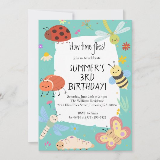可愛カラフルいバグ子供の誕生日 招待状 (正面)