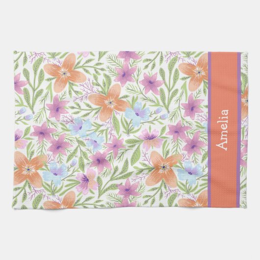 可愛カラフルいパステル花柄の名前 キッチンタオル (横)