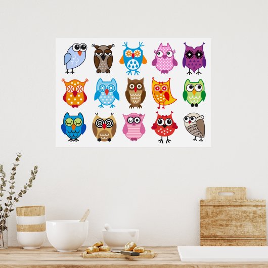 可愛カラフルいフクロウ ポスター (キッチン)