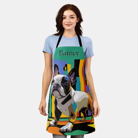 可愛カラフルいブフランスのルドッグポップ・アートのアートエプロン エプロン (着用した状態)