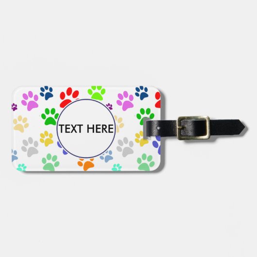 可愛カラフルいペットの足のパターンのモノグラム ラゲッジタグ (正面横)