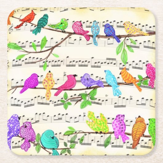可愛カラフルいミュージカル鳥の交響曲 – Happy Song スクエアペーパーコースター (正面)