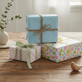 可愛カラフルいレトロ春花文柄 ラッピングペーパーシート