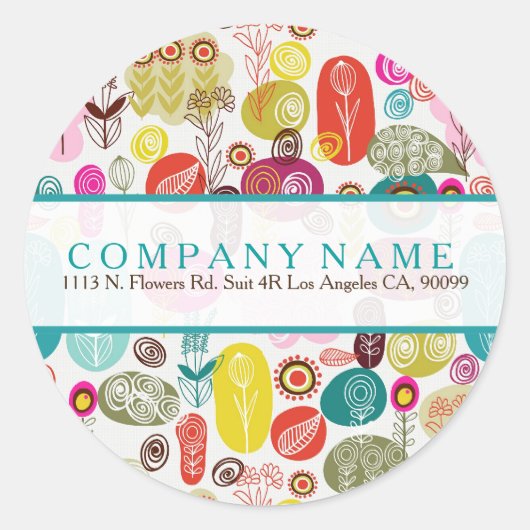 可愛カラフルいレトロ花イラストレーション模様 ラウンドシール (正面)