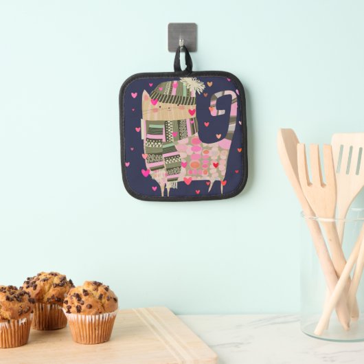 可愛カラフルい居心地の良い猫とハートオーブンミット 鍋敷き (インサイチュ (吊り下げ))