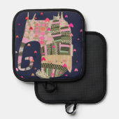 可愛カラフルい居心地の良い猫とハートオーブンミット 鍋敷き (正面/裏面)