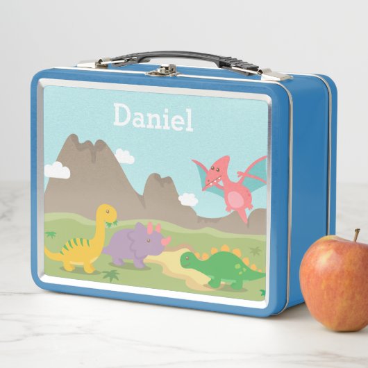 可愛カラフルい恐竜のパーソナライズされた子供 メタルランチボックス (インサイチュ)