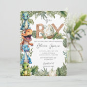 可愛カラフルい恐竜の緑の男の子のシャワー 招待状 (スタンド正面)