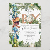 可愛カラフルい恐竜の緑の男の子のシャワー 招待状 (正面/裏面)