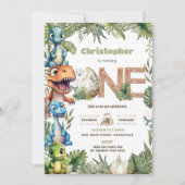 可愛カラフルい恐竜の緑1歳の誕生日ワン 招待状 (正面)
