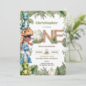 可愛カラフルい恐竜の緑1歳の誕生日ワン 招待状 (スタンド正面)